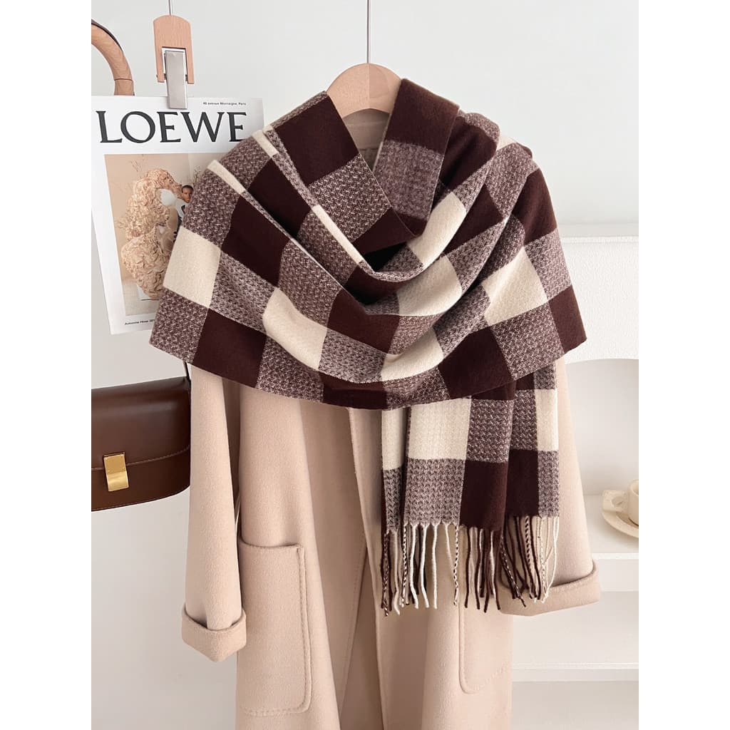 Novo estilo versão coreana xadrez imitação de caxemira cachecol outono inverno engrossado quente exterior xale dupla uti
