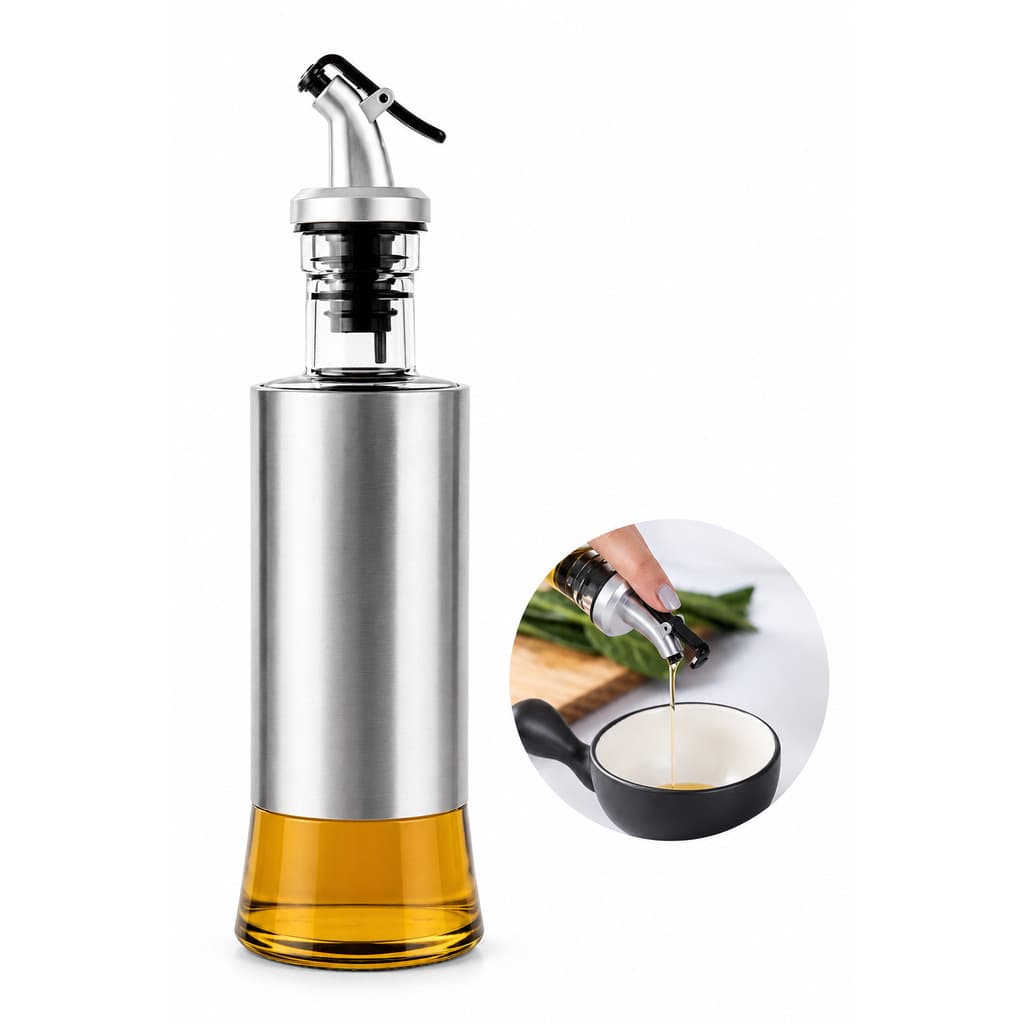 Garrafa de vidro para óleo vinagre azeite de cozinha, dispensador de óleo de aço inoxidável 300ml