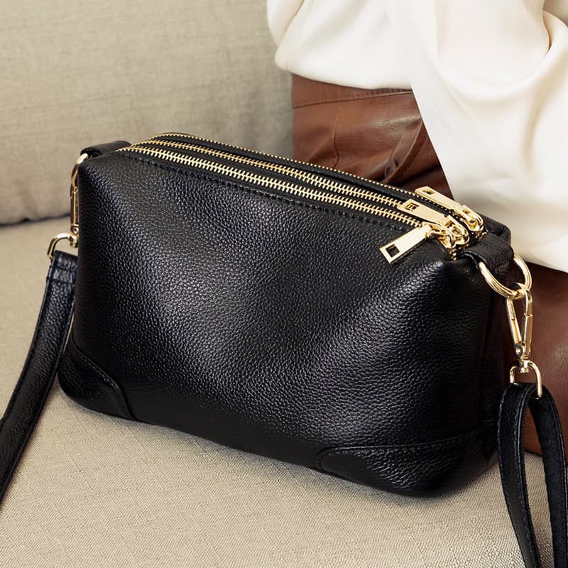 Bolsa feminina de inverno 2026 novo estilo pequena bolsa mensageiro couro genuíno multi-zíper multi-camada bolsa feminin