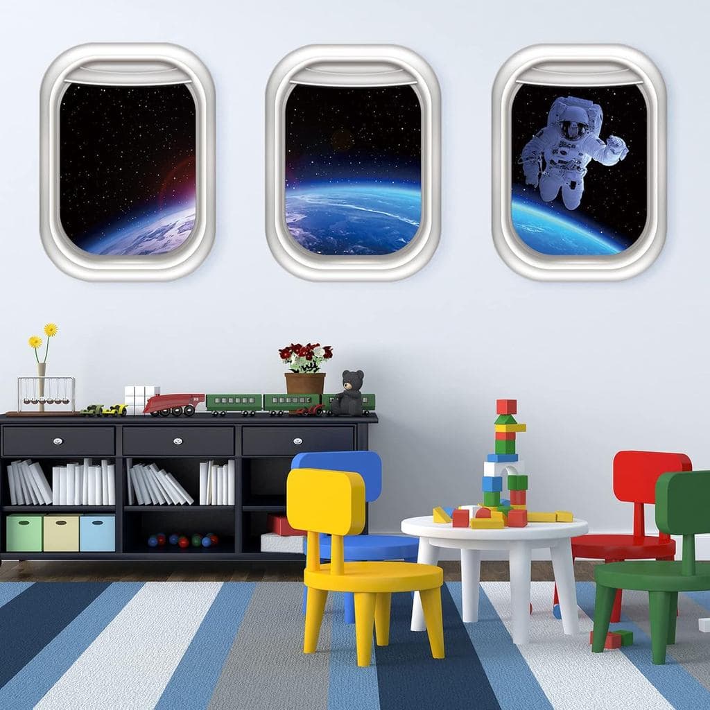 Adesivo de Parede 3D de Astronauta Espacial, Galáxia e Planeta, Adesivos de Parede de Janela Falsa Removíveis, Adesivos
