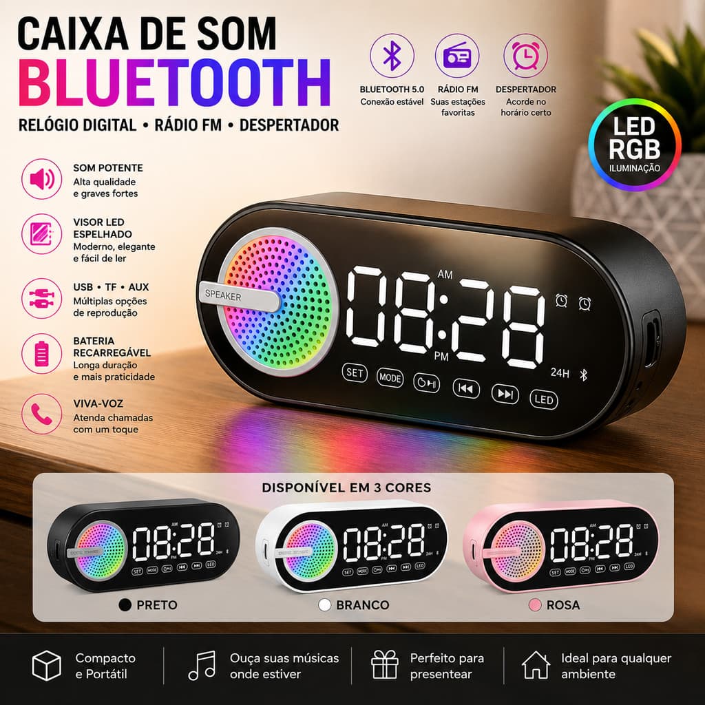 Caixa de Som Bluetooth Relógio Digital LED RGB Despertador Portátil Display Grande Recarregável USB