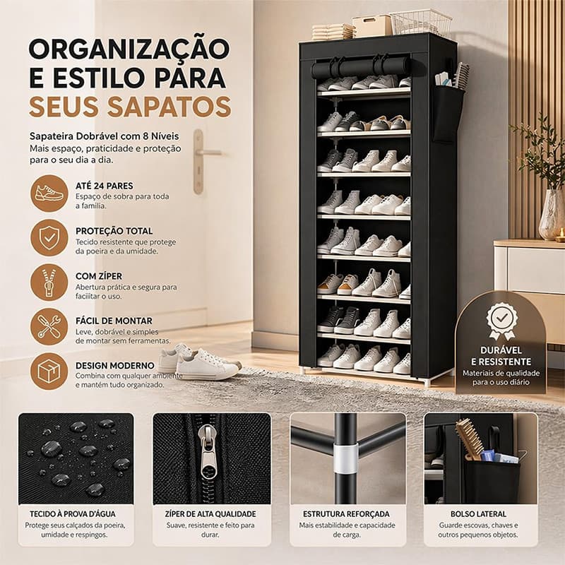 Prateleira de sapatos à prova d'água e umidade, multi-camadas, fácil de montar, com tecido