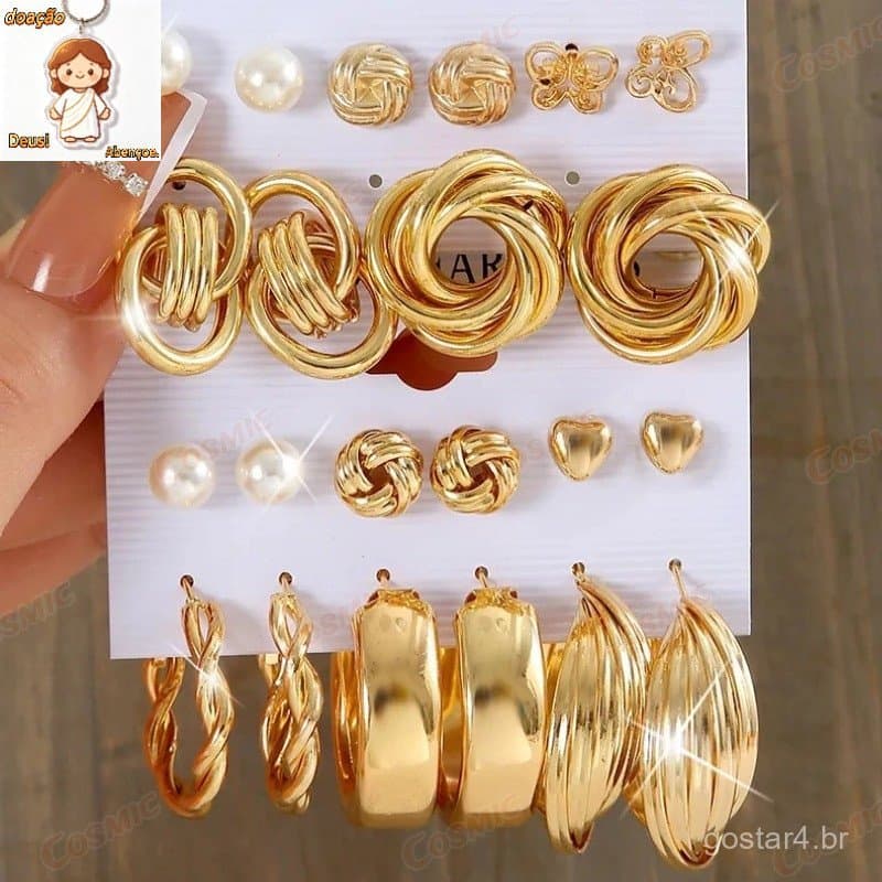 KIT12 Conjunto Elegante Brinco Com Argola De Ouro Brincos De Pérola Para Mulheres Joias Acessórios-CO