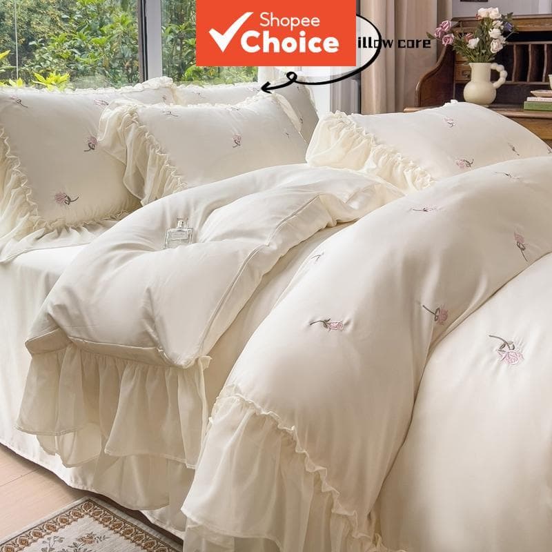 Conjunto de 3 peças de edredom bordado de rosas estilo coreano com acabamento em renda e babados, estilo princesa, macio