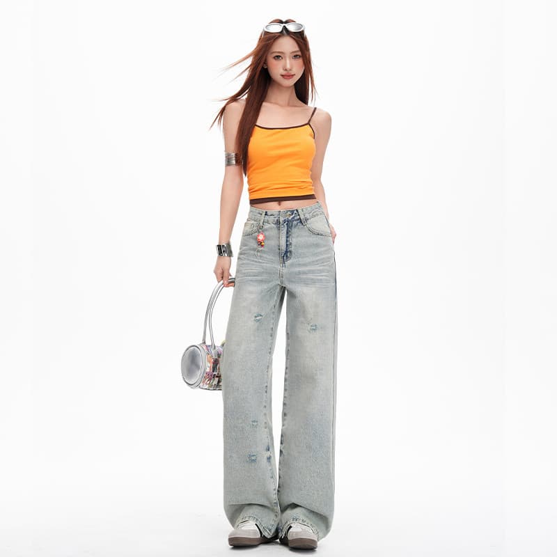 Rasgado Retro nostálgico primavera verão solto calças de perna larga na moda legal i novo estilo em linha reta rasgado J