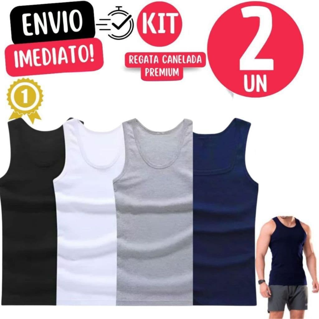 Kit com 2 Camisetas Regata Masculinas Premium Caneladas Modelo Americano Algodão com Elastano 1214