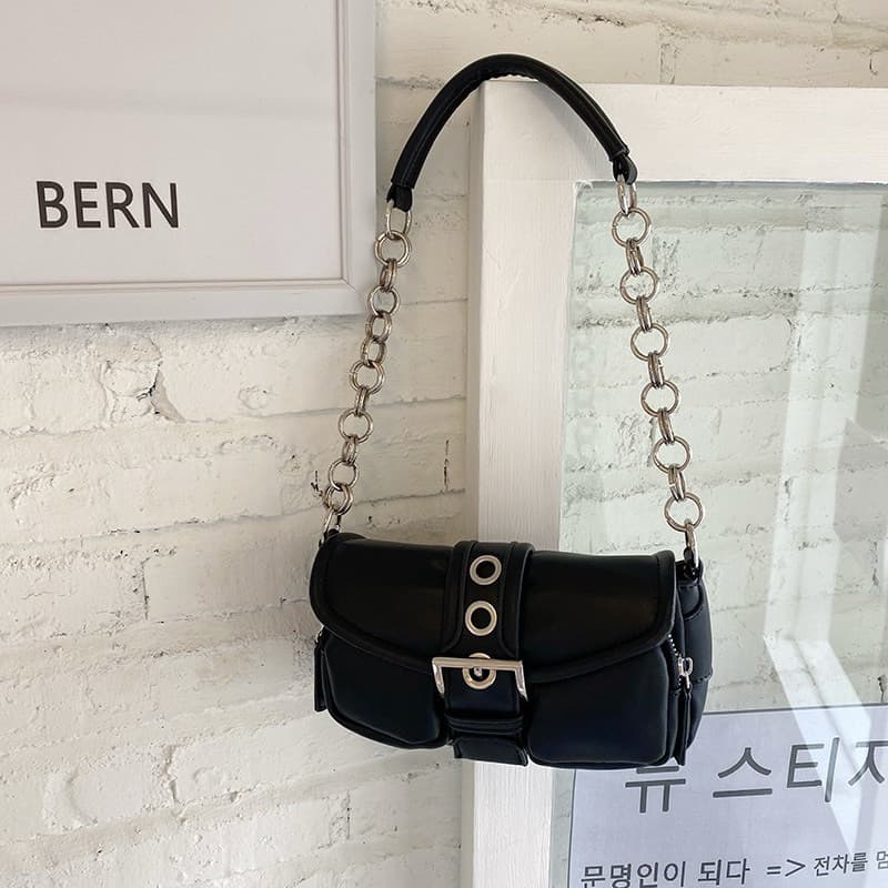 Bolsa de ombro pequena com corrente e argola, estilo baguete retrô[8357]245