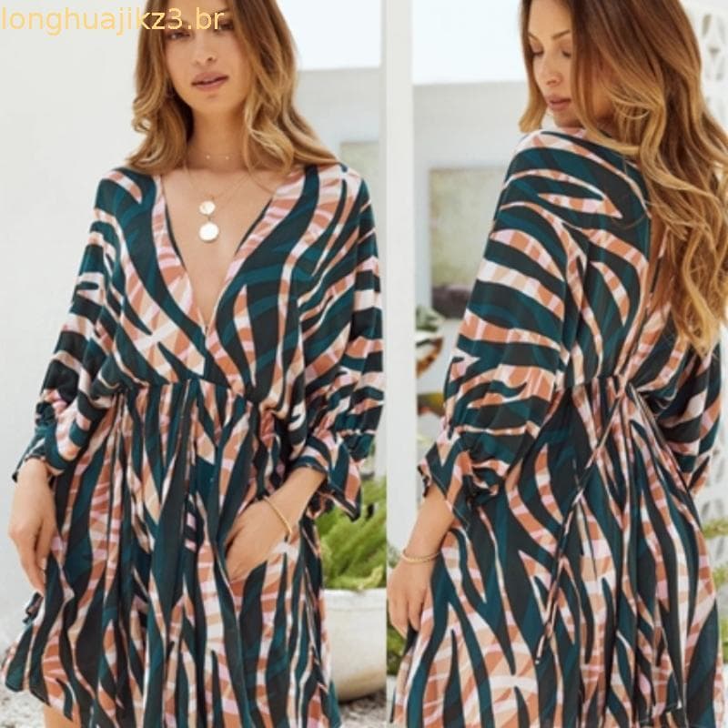 1 vestido de manga comprida com estampa listrada colorida do comércio exterior
