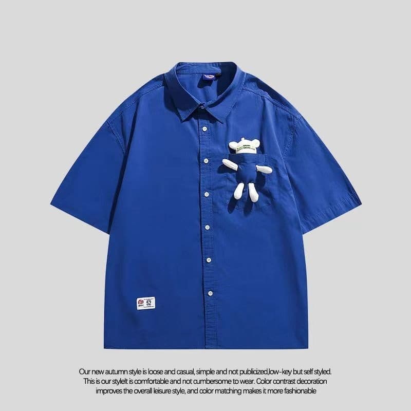 Camisa masculina de manga curta Street Wear casal estilo urso Klein azul meia manga camisa vintage 7.4