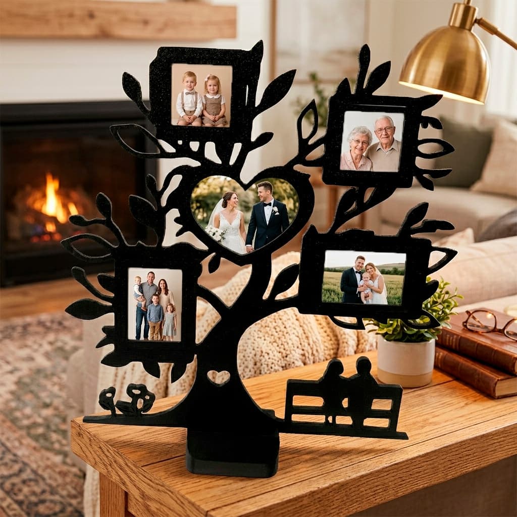 Porta-Retrato Árvore da Vida Decorativo 3D para 4 Fotos | Porta Fotos de Família e Casal em PETG Preto