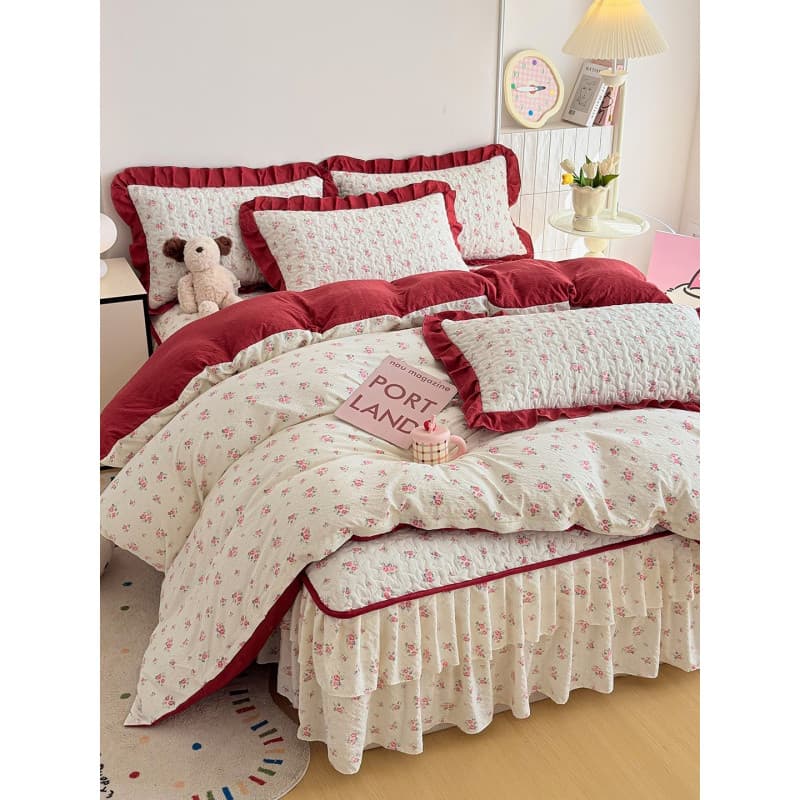 2026 primavera verão novo estilo Puff fio enrugado algodão capa de cama estilo saia de cama conjunto de quatro peças ver