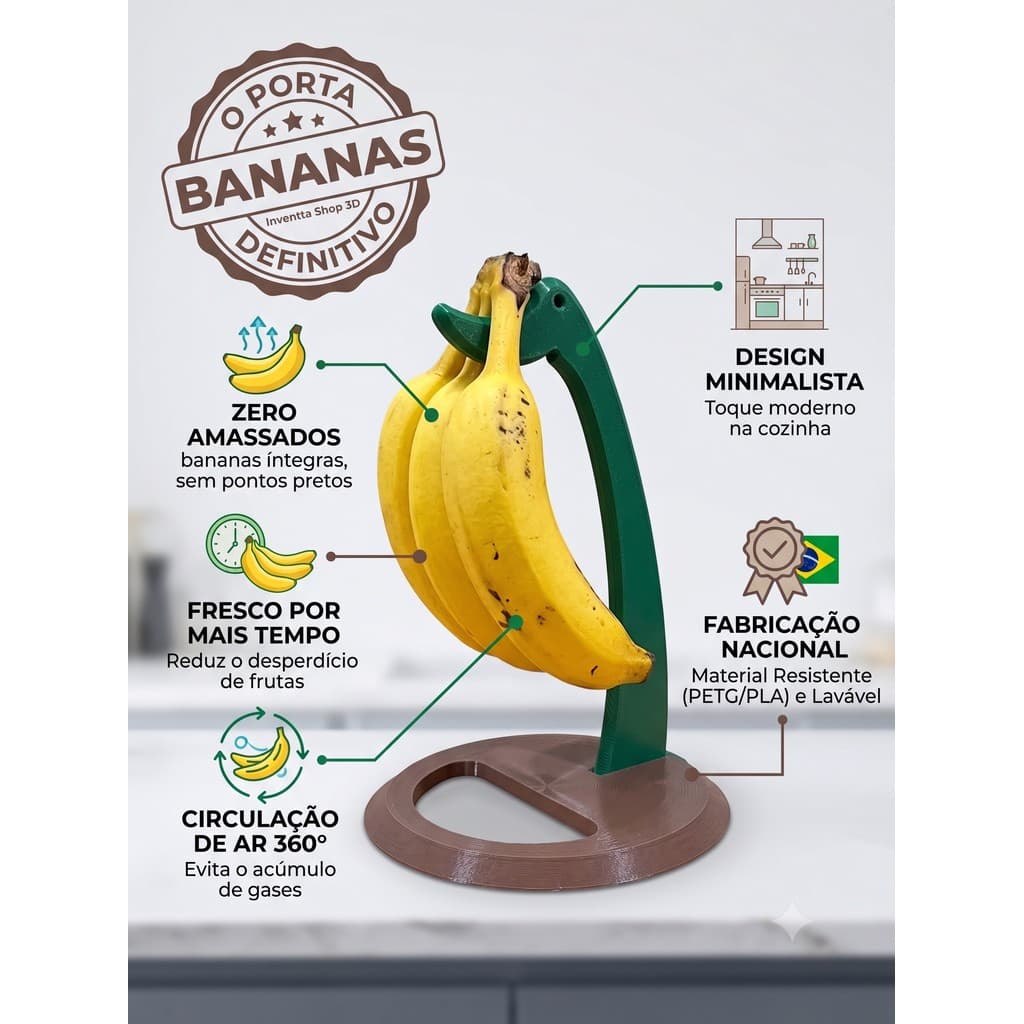 Suporte Mesa Fruteira Gancho para Pendurar Bananas Multiuso Preto