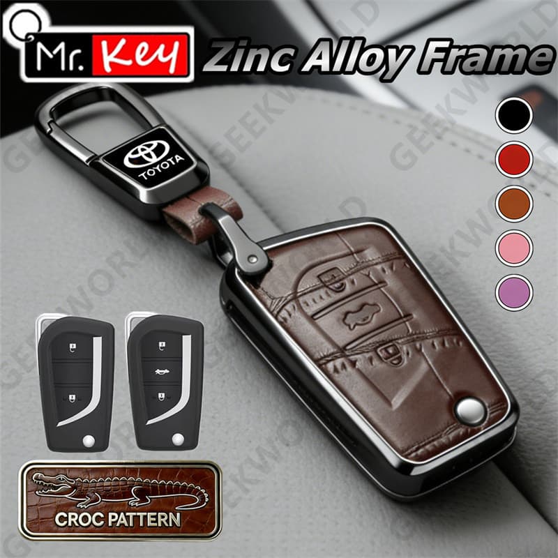 [Mr.Key] Capa De Chave Flip De Couro De Crocodilo Com Moldura De Liga Para Toyota Camry Aygo X Cross Yaris Prius Verso C