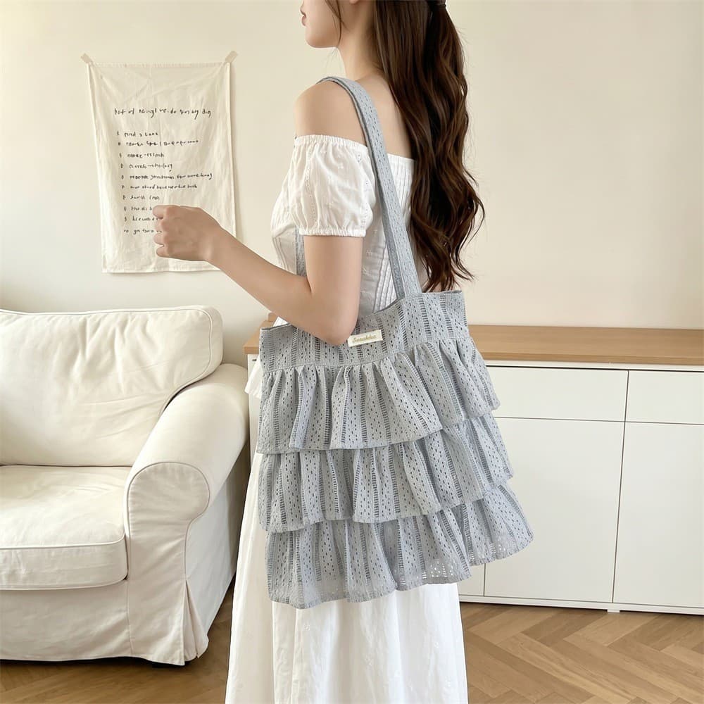 Bolsa de ombro de renda com design vazado, forro de popeline com bolsos internos duplos, estilo delicado e jovial, adequ
