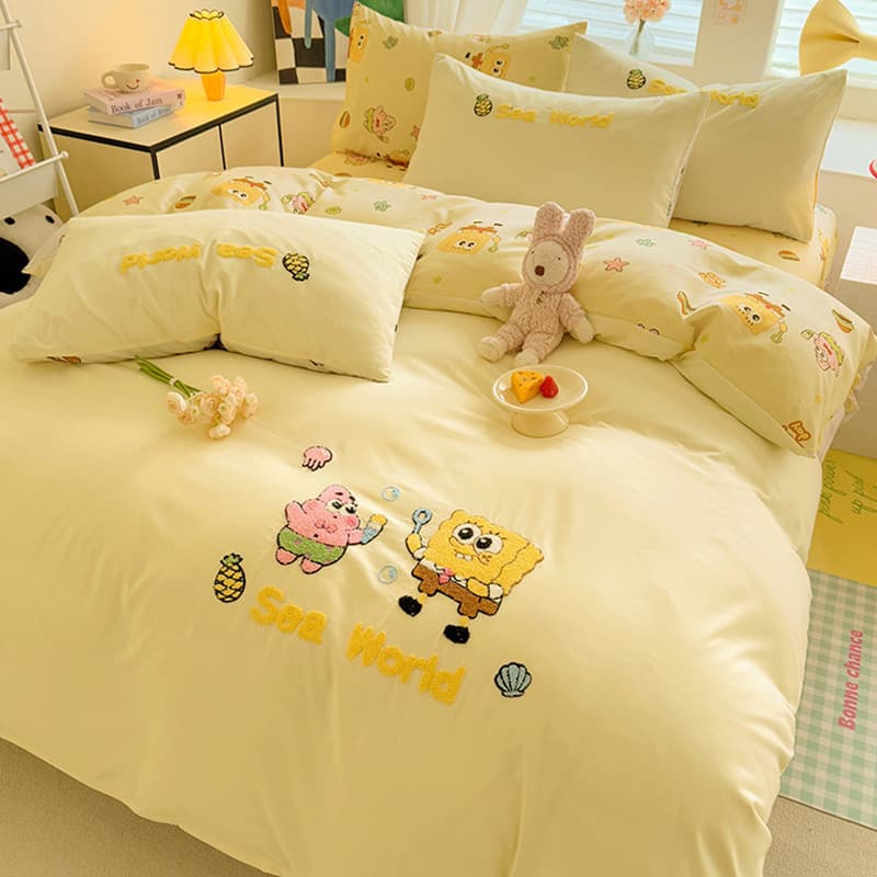 Ins toalha de cama bordada de desenho animado, conjunto de quatro peças, algodão lavado, dormitório, conjunto de três pe