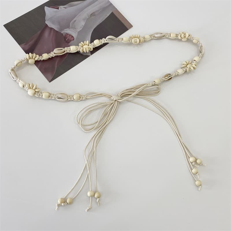 Feminino simples All-Match cinto fino mão-tecido estilo étnico contas de madeira decorativo combinando saia cinto femini