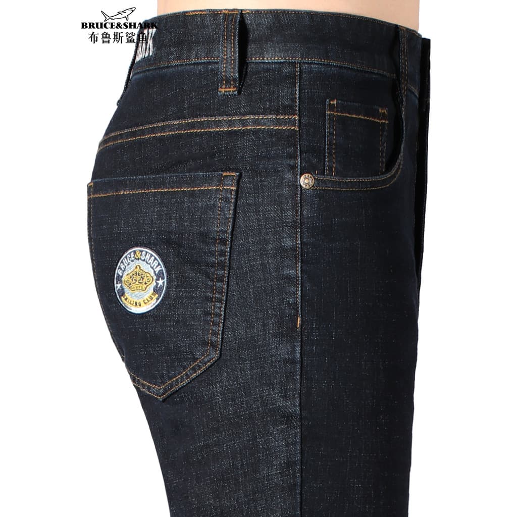 Primavera outono calças de brim retas masculinas calças grossas Bruce Shark Street Wear bordado solto calças masculinas