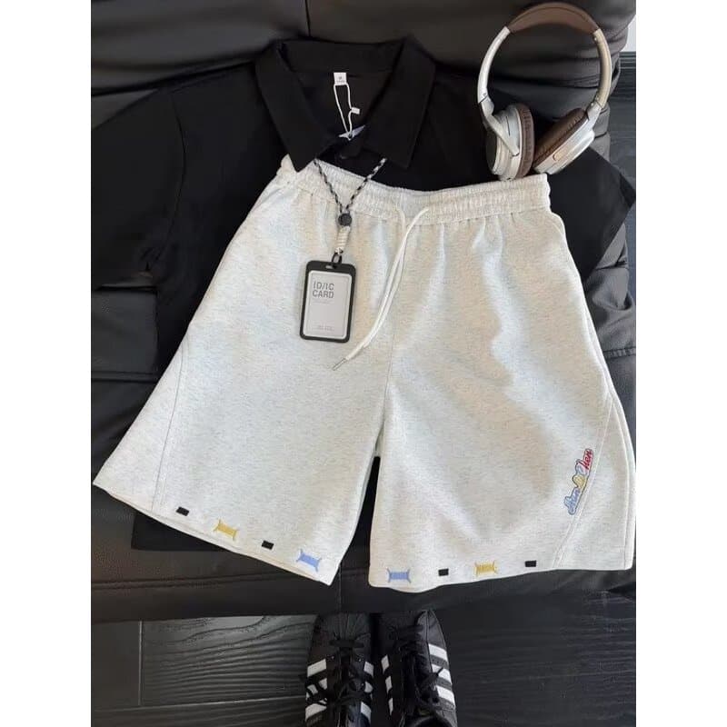 Flor cinza corte Diagonal bordado Shorts esportivos masculino verão pesado americano Retro Casual Sweatpants perna larga