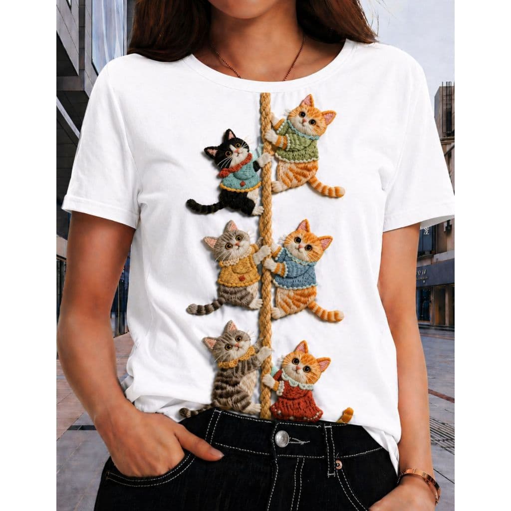 Camiseta Feminina T shirt  Feminina Estampada Academia Desenho 3D Gato Gatinho Cat