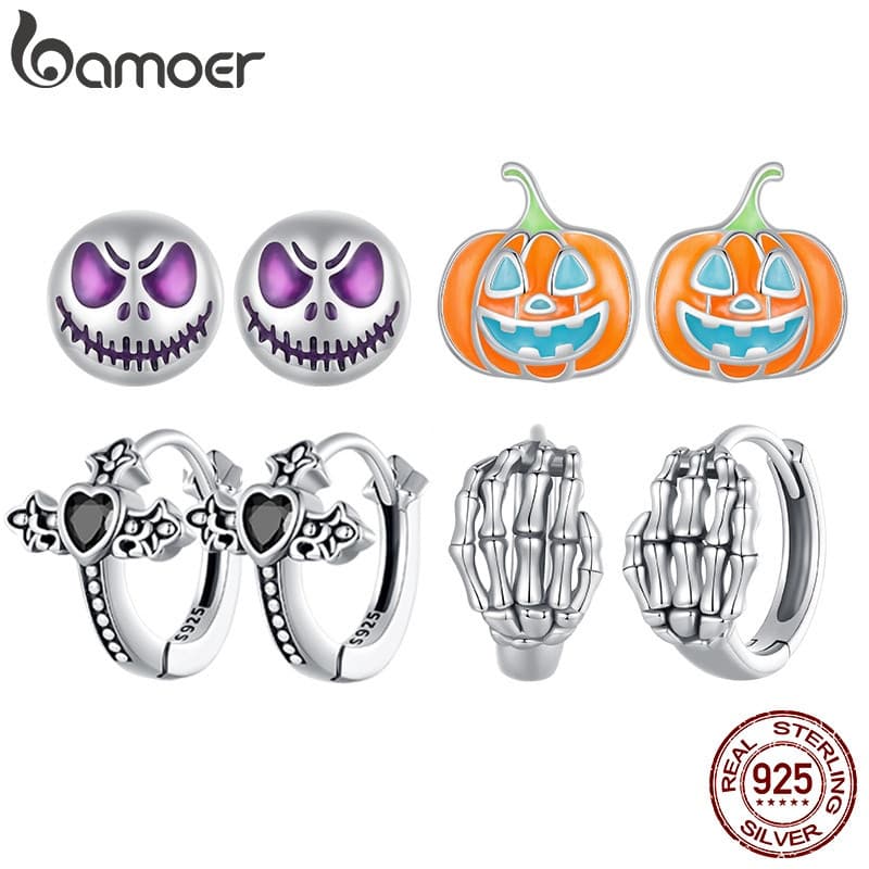 Brinco de Halloween em Prata Esterlina 925 da BAMOER, Crânio, Borboleta, Brilho Noturno, Joia Simples e Elegante para Mu