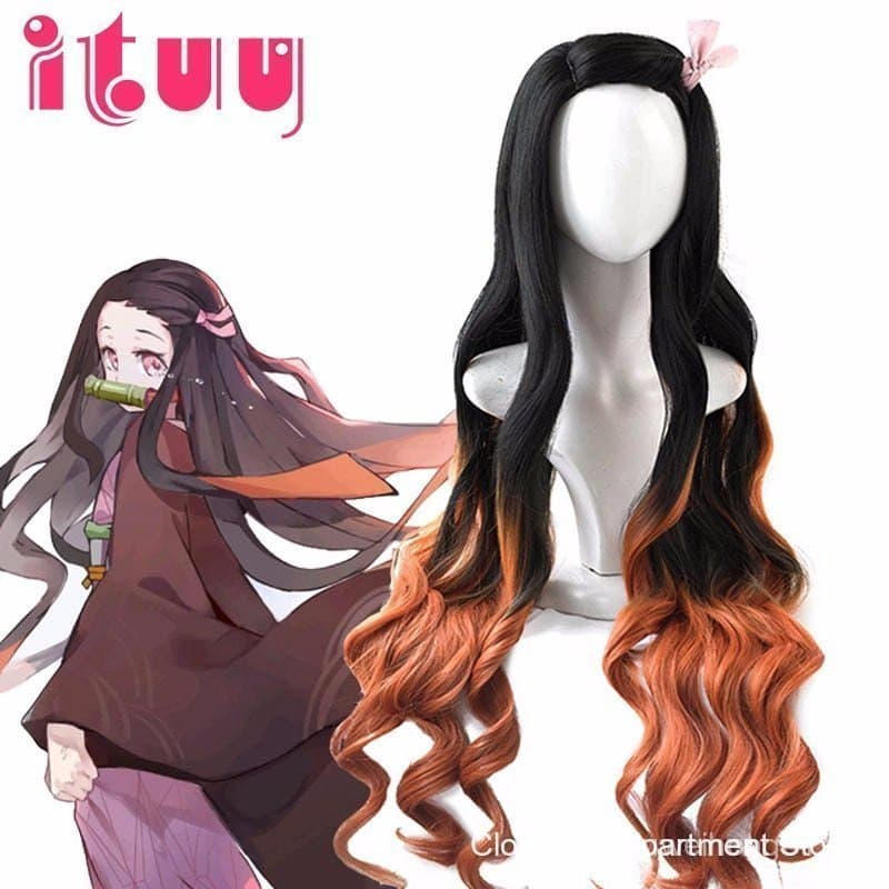 Peruca/Acessórios de Cabelo para Cosplay de Nezuko de Kimetsu no Yaiba, 95cm de Comprimento, Gradiente, Resistente ao Ca
