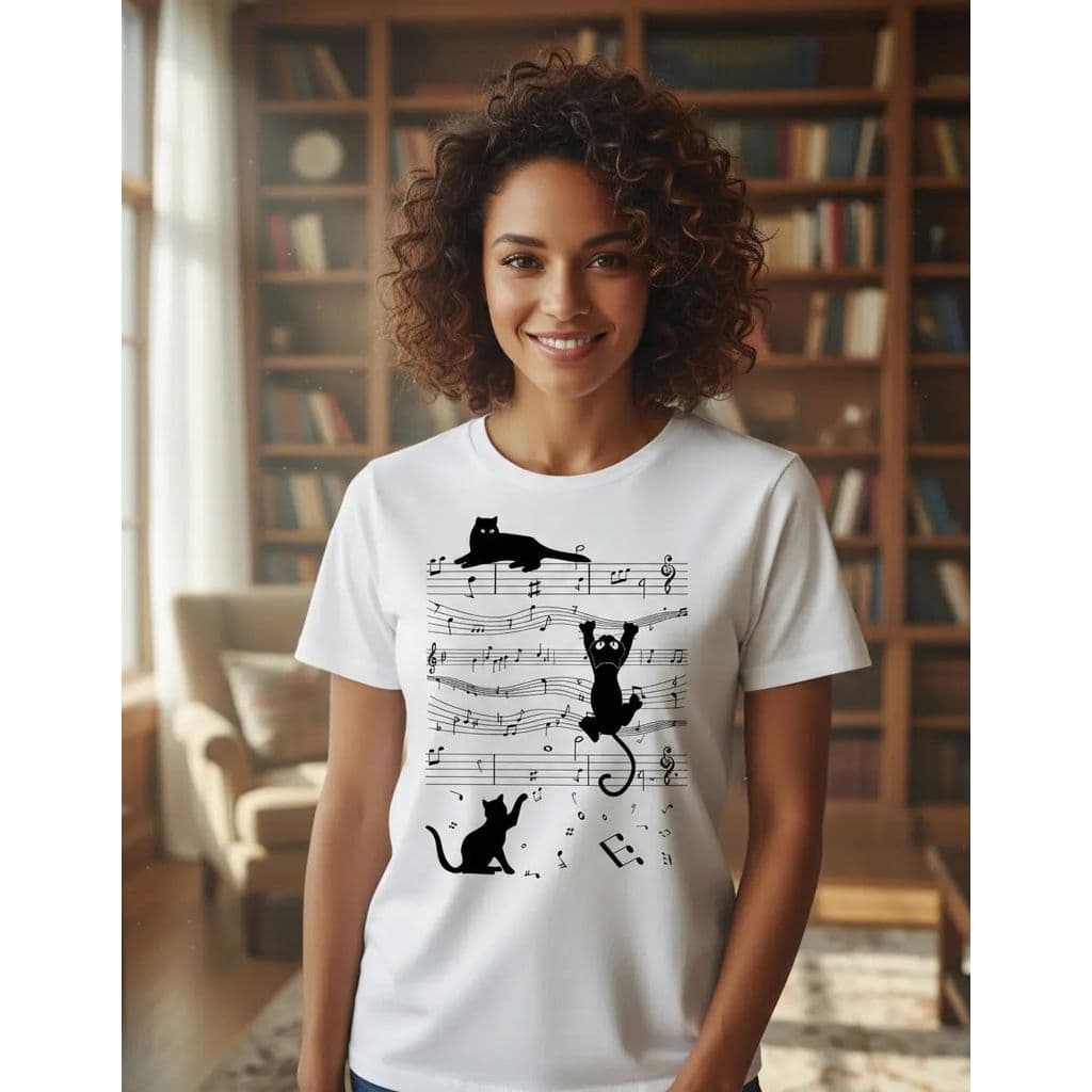 Camiseta Feminina Gatos Na Partitura Estampa Divertida