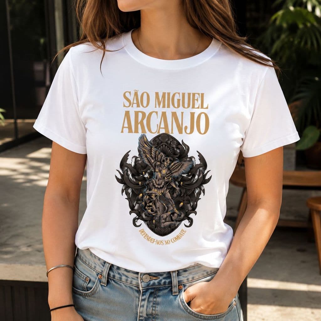 Camiseta Sao Miguel Arcanjo Feminina Blusa 100% Algodão Larguinha Casual Confortável