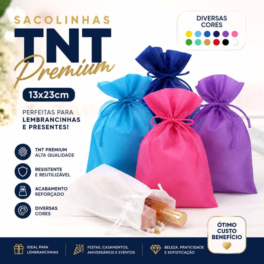 Sacolinha TNT 13x23cm para Lembrancinha Presente Brinde Casamento Festa Aniversário Kit 10 20 50 Unidades Diversas Cores
