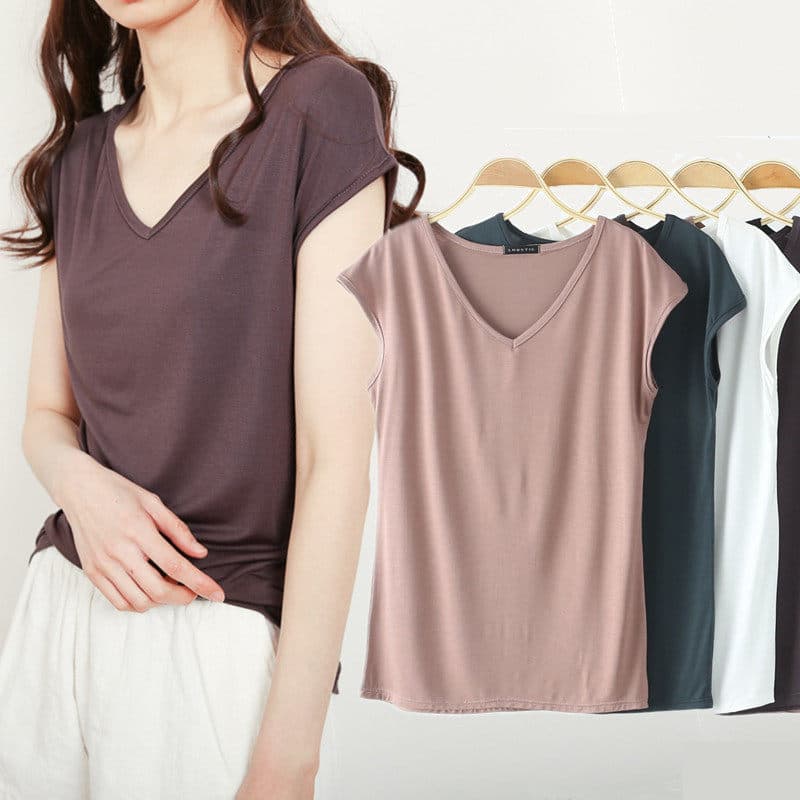 Verão estilo fino Modal sem mangas camiseta feminina com decote em V manga curta topo solto tamanho grande colete Casual