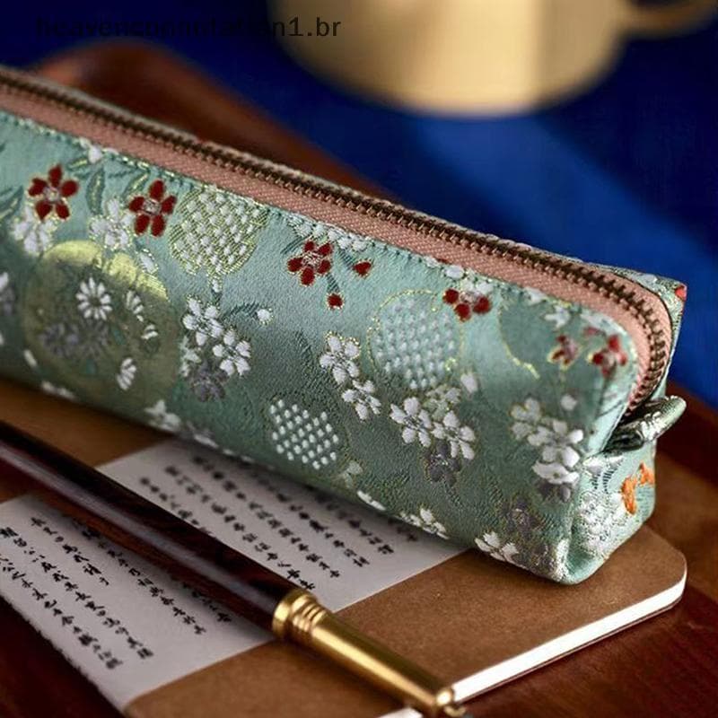 heav Vintage Ouro Carimbo Bordado Lápis Saco Grande Capacidade Bolsa Cosmético Estudante Papelaria BR