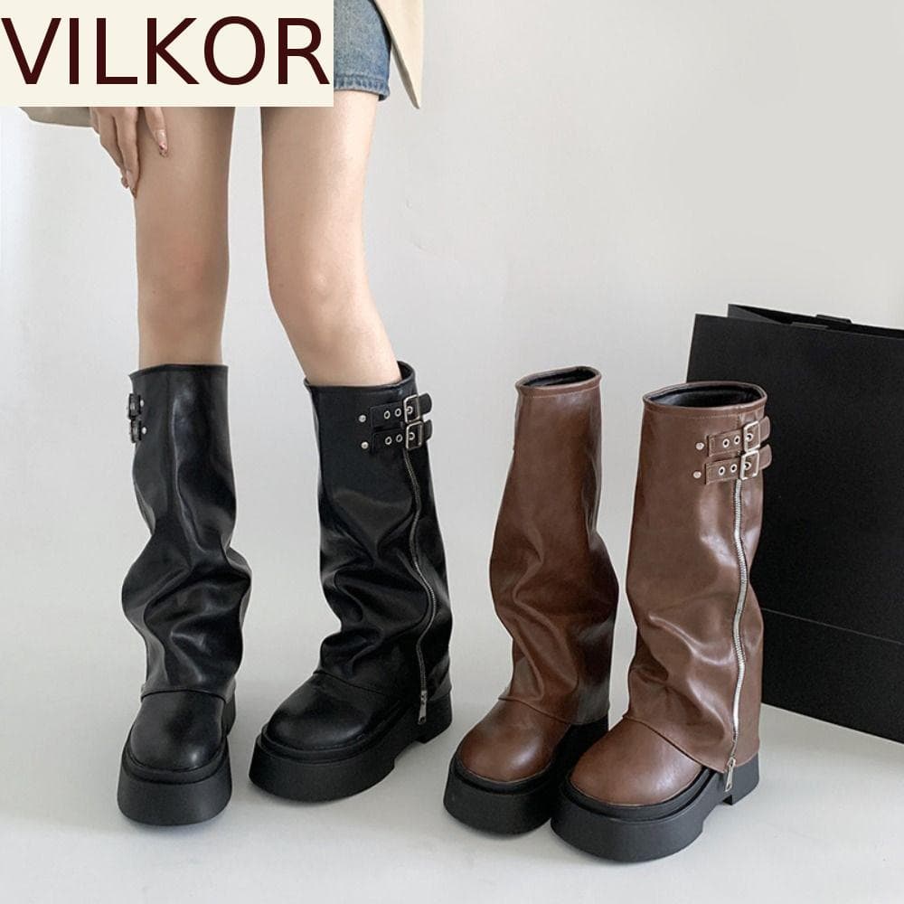 VILKOR Botas Femininas De Motociclista , Novo Design Plataforma Altas Até O Joelho , De Cano Longo Punk Y2K