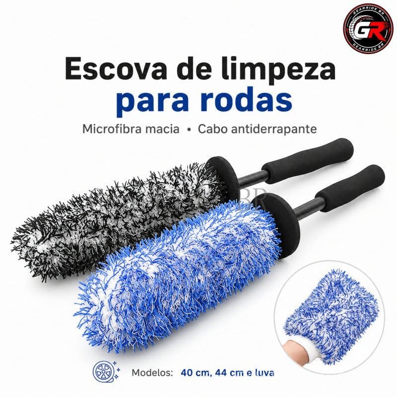 Escova de Roda Carro Microfibra Sem Arranhões Cabo Longo Antiderrapante 40/44cm Luva Detalhamento