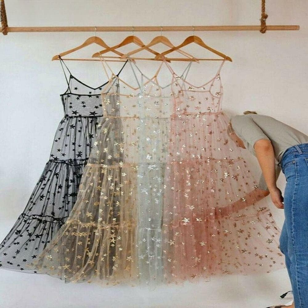 DAYZLM Vestido De Tule De Verão Transparente Grande Renda Estrela Bling Empregada Com Decote Em V Estilingue