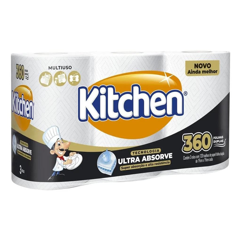 Papel Toalha Kitchen Jumbo 360 Folhas Folha Dupla 3 Rolos