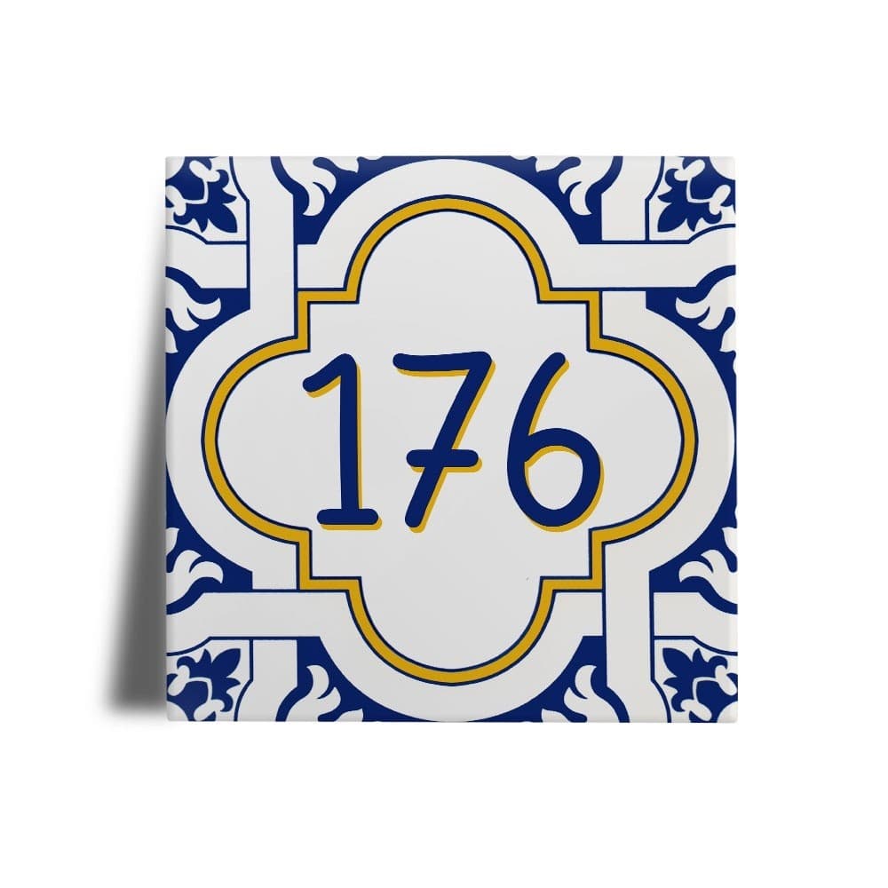 Azulejo Personalizado Estilo Português - Número Residencial / Casa (Azul e Amarelo)