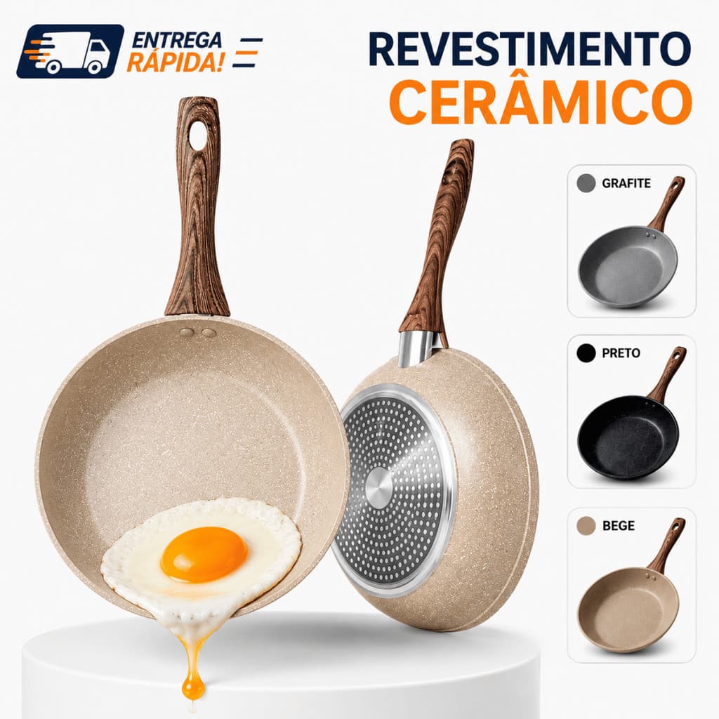 Frigideira Cerâmica Antiaderente 20cm 24cm Indução Gás Elétrico Bege Preto Grafite Cinza Não Gruda Premium