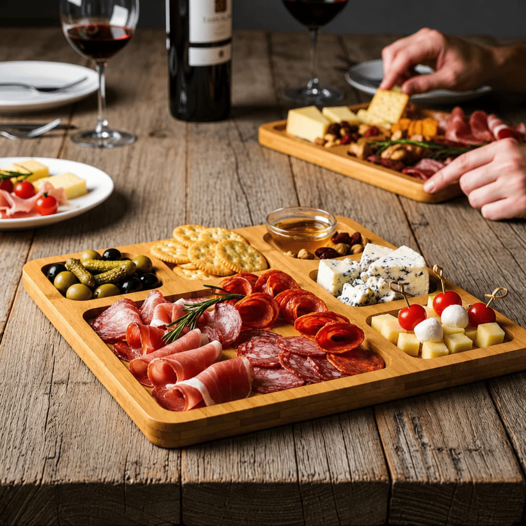 Petisqueira Quadrada MDF Estilo Bambu 30cm 4 Divisórias Tábua de Frios Petiscos Aperitivos