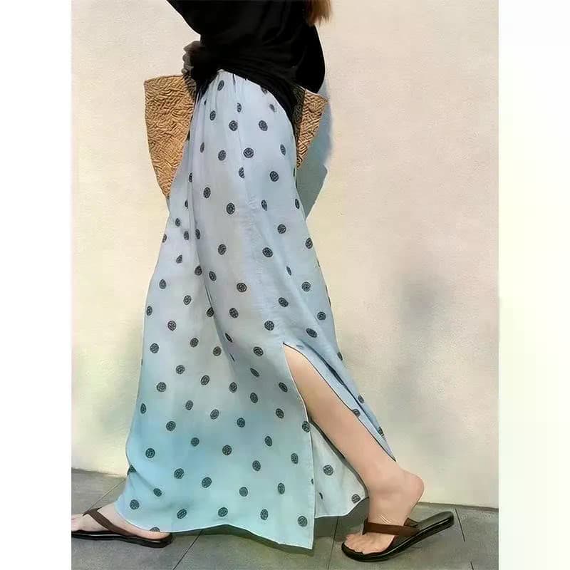 Retro Azul Polka Dot Saia Cintura Alta Longo Deslocamento Primavera Novo Nicho Versátil Plus Size