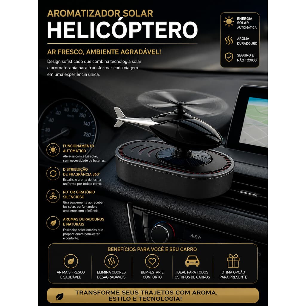 Aromatizador Veicular Solar Helicóptero Cheirinho Para Carro Premium
