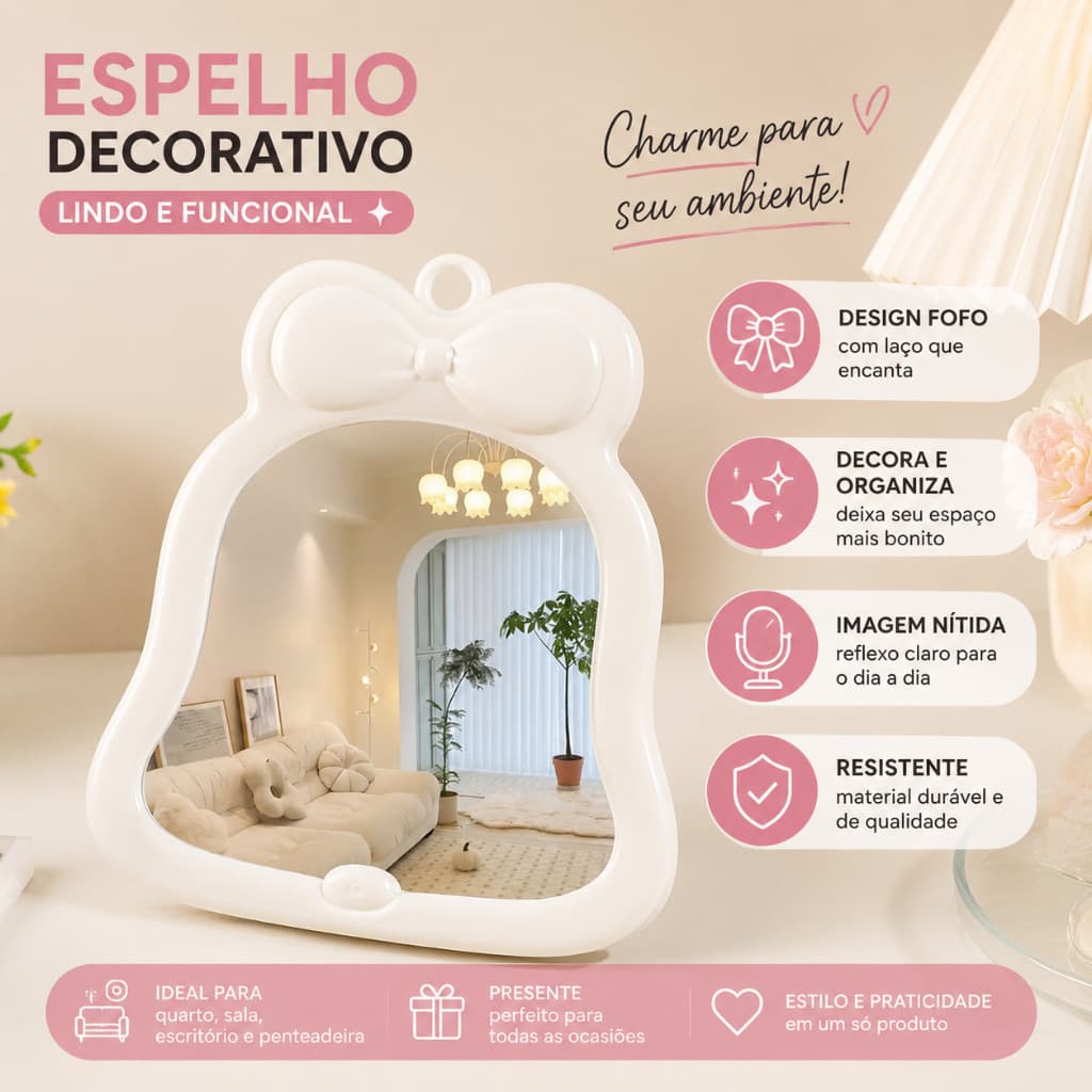 Espelho de Bancada Feminino Laço Para Maquiagem e Decoração com Laço Decorativo