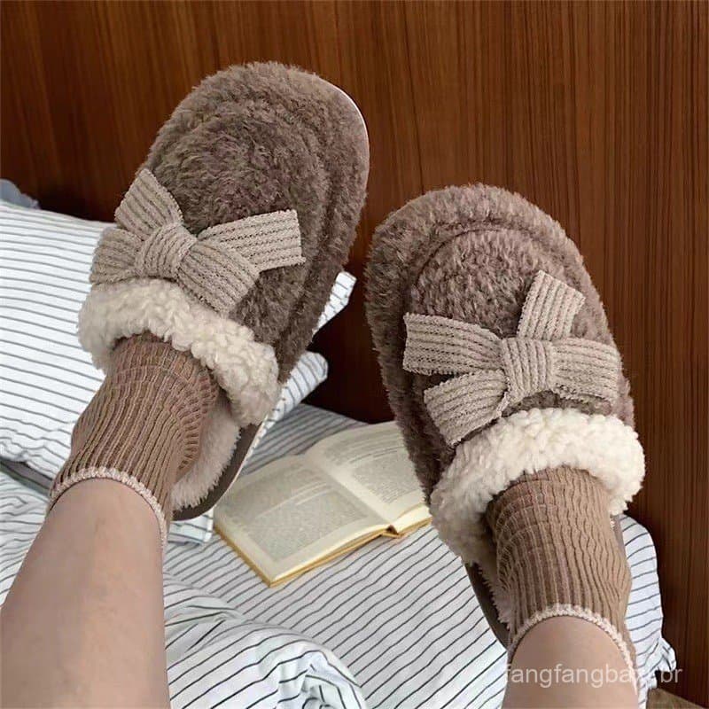 Chinelos de algodão senhoras inverno bonito arco chinelos de sola grossa casa antiderrapante casal algodão Slipp