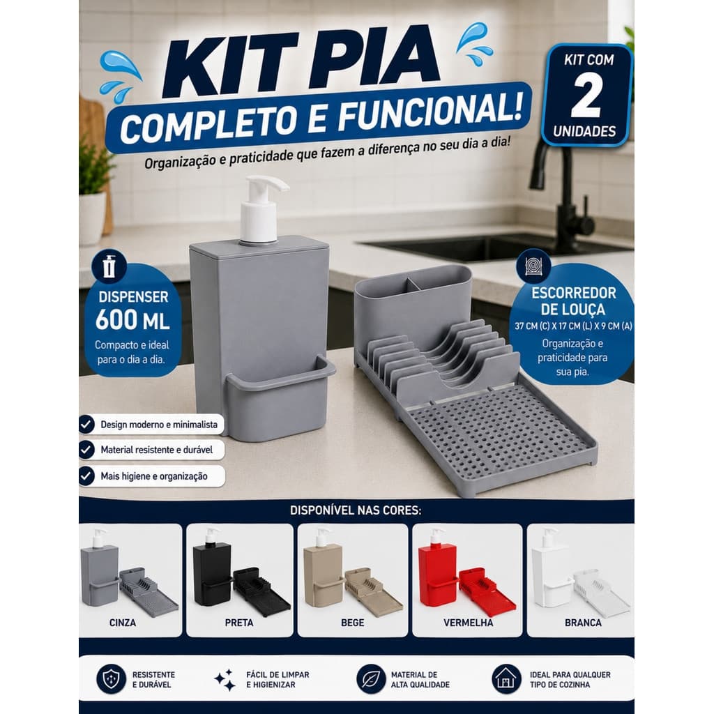 Kit Dispenser Detergente Escorredor de Louça Porta Esponja Organizador Pia Cozinha Compacto