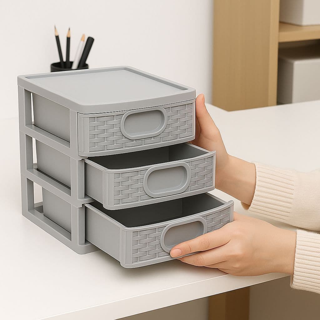 Gaveteiro Texturizado De Mesa Micro Organizador Multiuso 3 Gavetas Cor Cinza - Monte Libano