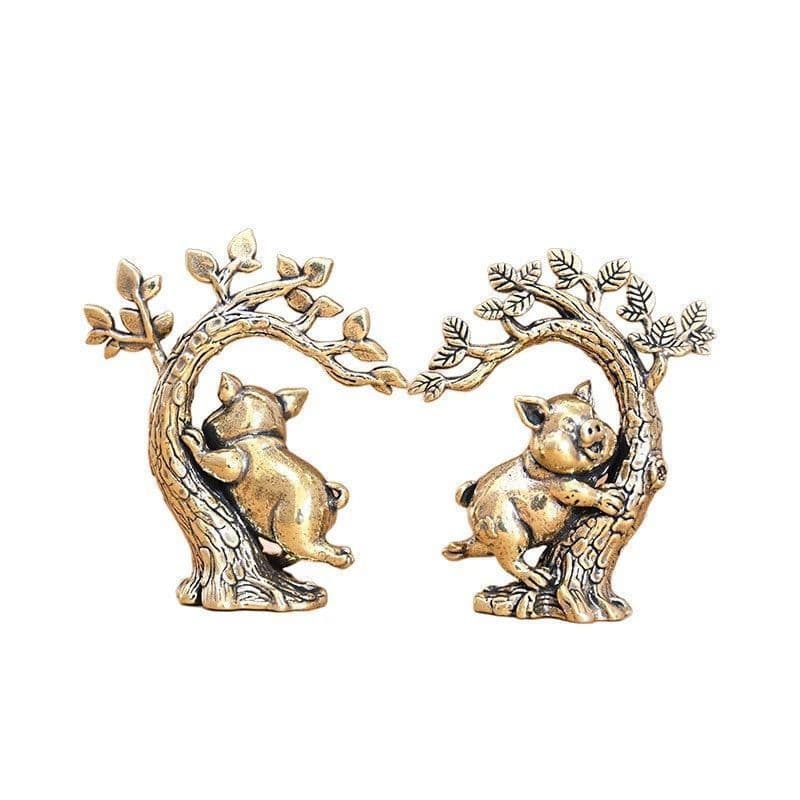 Latão puro ramo dourado Jade porco feminino na árvore Retro sólido objeto antigo decoração Desktop chá Pet artesanato or