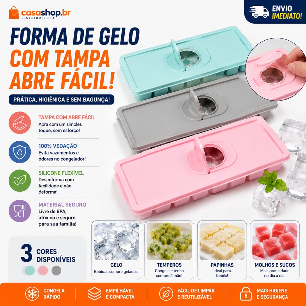 Forma de Gelo com Tampa Enche Fácil Reutilizável para Freezer Ideal Para Temperos e Papinha