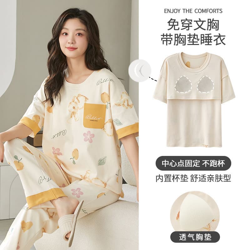 Pijama feminino de algodão com almofada no peito Calças de manga curta Homewear confortável gola redonda verão estilo fi