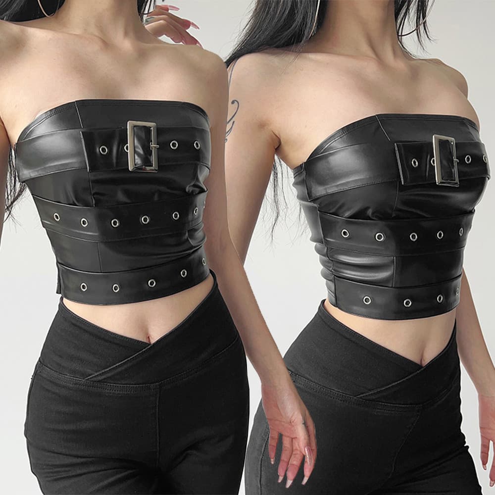 Y2K Estilo Punk Feminino Couro PU Bandeau Top Ajustável Fivela De Metal Ilhó Detalhes Em Forma De Tubo Crop