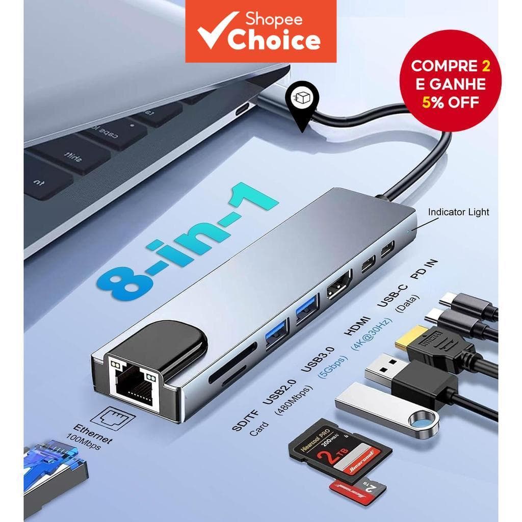 Hub USB C Para Adaptador HDMI 4K Com Leitor De Cartão SD/TF RJ45 PD De Carga Rápida MacBook Notebook Laptop