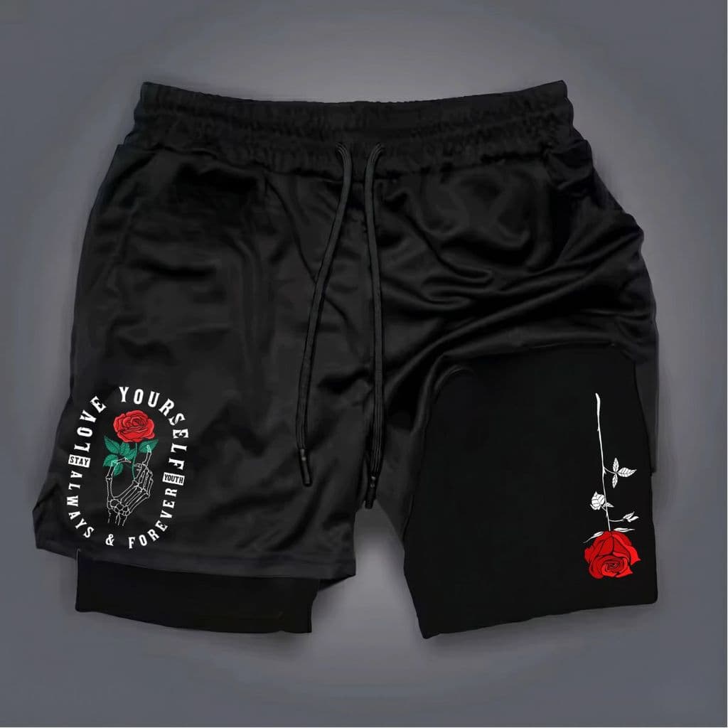 Shorts Bermuda 2 em 1 Estampa Flor Rosas Para Academia treino e corrida hard muay thai jiu jitsu short dry compressão