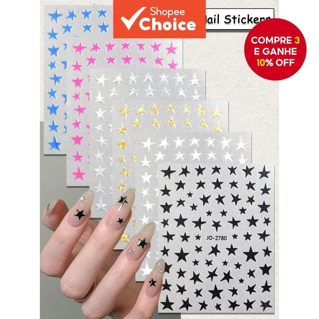 3/6/12 Folhas Adesivos de Arte de Estrela para Unhas, Preto Metálico, Dourado, Prata, Rosa, Azul, DIY, Decalques